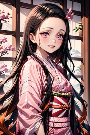 Masterpiece, best quality, Highres, 4K, 1girl, beautiful  face, happiness, extremely detailed, half body, color splashes, line art, art, fibonacci,more detail XL, Details, Kamado Nezuko, black hair, pink eyes, forehead, hair ribbon, japanese clothes, kimono, pink kimono long hair, very long hair, multicolored hair, pink ribbon, ribbon, smile