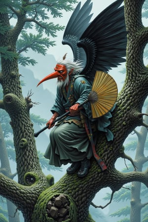 Tengu, traditional japanese yokai, yokai in misty mountain forest, long-nosed mask, fierce red face, stick like long nose, white hair and beard, wearing traditional yamabushi attire, large black wings, holding big fan, perched on ancient gnarled tree, surrounded by towering cedar trees,Midjourney_Whisper