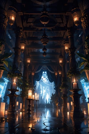 infinity castle, infinity room, dark room with ligh candle, banners,8k,detail,midjourney,pastelbg