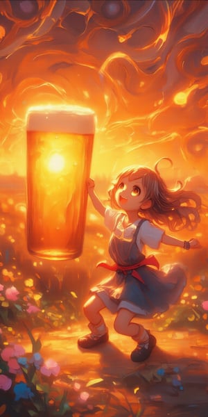 A stunning anime masterpiece featuring a petite, cute chibi determined protagonist. Against the vibrant backdrop of a breathtaking niji (Japanese sunset), the heroine struggles to grasp a gigantic beer glass. Her tiny hands wrap delicately around the rim as she exerts maximum effort, her facial expression a perfect blend of cuteness and determination. The artwork boasts intricate details, ultra-high definition, and kawaiicolors that pop with texture, inviting the viewer to step into this whimsical world, oil painting