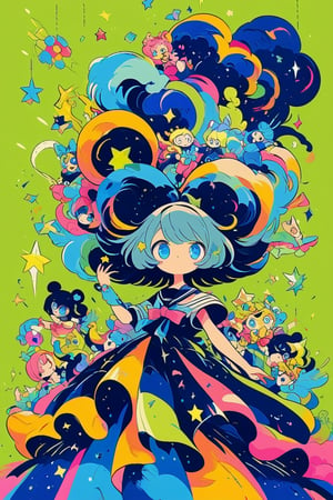 A Colorful consept art. A girl and pop-style anime illustration,featuring an extremely deformed, 1Girl, girl in glamorous dress. The girl has exaggerated, large blue eyes sparkling with excitement and an over-the-top, cheerful expression. Her sailor uniform is brightly colored with bold, contrasting hues and glittering accents. She has voluminous, flowing hair adorned with cute accessories like bows and stars. The background is vibrant and busy,gloriaexe,txznf