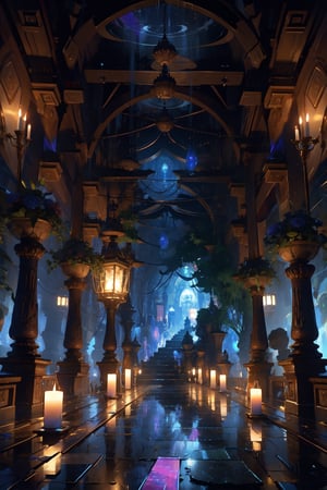 infinity castle, infinity room, dark room with ligh candle, banners,8k,detail,midjourney,pastelbg