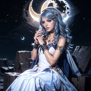moon queen singing to a crescent moon, sitting on a crescent moon, 8k resolution, reah, long blue hair, blue eyes, white dress