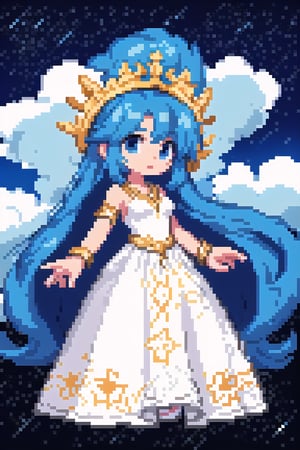 SelectiveColorStyle, light colors, Pixel art of a majestic goddess. Starry clouds background, Best quality, score_9, vivid colors, anime style, elegant, highly detailed, masterpiece, HD, reah, long blue hair, blue eyes, white dress,pixel art,pixelated