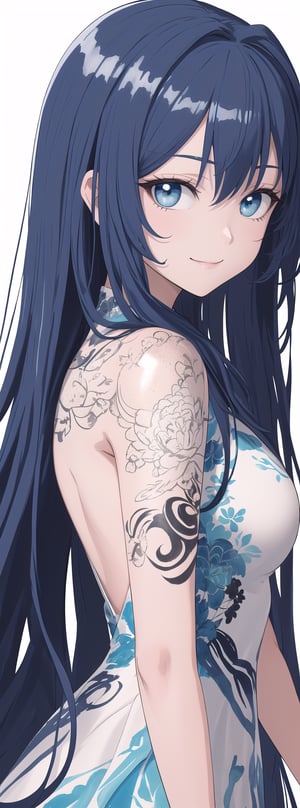 A very beautiful anime girl dressing a elegant dress, beautiful long blue hair, blue eyes, gentle smile, her dress is made by ink, looking at viewer, radiant gaze, (front view), upper body, close up, ink brushstrokes in background mastepiece quality, stunning image, colorful, Ink art style.