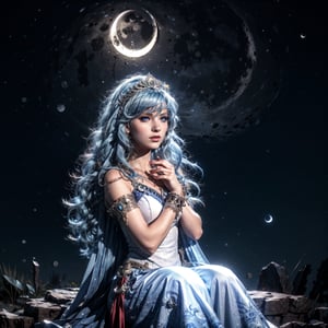 moon queen singing to a crescent moon, sitting on a crescent moon, 8k resolution, reah, long blue hair, blue eyes, white dress,woman