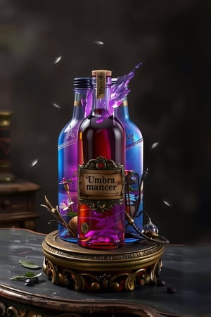 3d rendering,figure resin, basic base ,(masterpiece, best quality), mystic, haze aura, A bottle of potion with vigrant colors, purple shadow glowing with vibrant magical energy. They are placed on a small, round, vintage-style table that evokes an old European atmosphere. On bottle there are sign 'Umbramancer'. In the background, a slightly blurred, dark shadow to focus attention on the bottles. Soft light filters into the scene, while fireflies float around, adding a touch of mystery and magic to the glowing bottles.