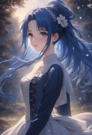 anime, anime style, niji6 style, by nijijourney, anime, anime style, niji6 style, by nijijourney, blue theme, anime, anime style, niji6 style, by nijijourney, 1girl, solo, hair ornament, pony hair, long dress uniform, flower hair ornament, flower, blurry, princess, blurry background, portrait, glow blue eyes, parted lips, from side, blue hair, dress, eyelashes, looking up, upper body, white flower, parted bangs, jacket, depth of field, nature, outdoors, sidelocks, forest, blue eyes, floating hair, expressionless, hair intakes, gradient hair, blue hair, blue eyes, very long hair, multicolored hair, sunlight, animification, anime coloring, fake screenshot, screencap, anime screencap, twilight, detailed eyes, ambient light, thick eyelashes, diamond, dark night, dark deep, sparkling, masterpiece, best quality, highres, 4k, 8k, intricate detail, cinematic lighting, amazing quality, amazing shading, film grain, blurry foreground, vignetting chiaroscuro, chromatic aberration, backlighting, global illumination, drop shadow, detailed illustration, anime style, wallpaper, animification, anime coloring, fake screenshot, screencap, anime screencap,Oil painting style,Anime style,Oil painting style 