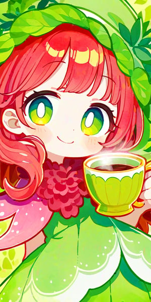 score_9, score_8_up, score_8, score_7_up, vibrant watercolor anime style. Close up of a gorgeous fairy with wild red hair. She smiles charmingly as she holds a steaming cup of coffee. A whimsical forest emerges out of a white background