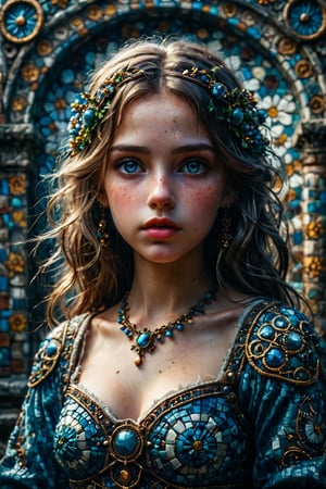 Byzantine Mosaics of a girl. (masterpiece, top quality, best quality, official art, beautiful and aesthetic:1.2), (1girl:1.4), portrait, anime style, blue eyes, blue long hair, extreme detailed, highest detailed, simple background, 16k, high resolution, perfect dynamic composition, bokeh, (sharp focus:1.2), super wide angle, high angle, high color contrast, medium shot, depth of field, blurry background,,itacstl,Details