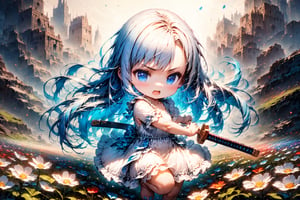 Masterpiece, beautiful chibi girl, very long hair, long light blue hair, blue eyes, white dress, happy, serious eyes, hand holding weapon, open mouth, fighting pose. The background is flower field, detailed texture, high image quality, high resolution, high precision, realism, color correction. , proper lighting settings, harmonious composition, Behance works,battoujutsu