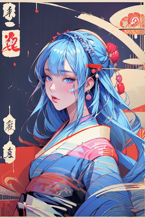 very clear and precise images, 1girl, kimono, very beautiful and excellent, arms at sides, (Japanese style), (art poster:1.4), (artistic background:1.4), (illustration:1.4), (masterpiece:1.3), ((top quality, 8k, ultra-detailed)), perfect anatomy, looking at viewer, long blue hair, blue eyes, caligraph, full_body