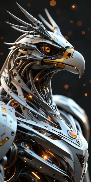 masterpiece, eagle robot, animal, robot, mechanical, highly detailed, hd, mystical, mistic, elegant, jewelry, gem, spark particles background, bokeh, masterpiece, best quality, 16k, ultra-detailed, finely detailed, high resolution, perfect dynamic composition, detailed eyes, cinematic lighting, detailed background, depth of fields, perfect proportion, hyperdetailing, harmonious composition, mechanx