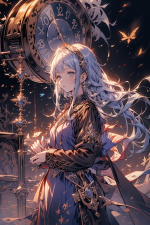 (personification, clock), Personification of clock, witch, masterpiece, absurdres ,original, dreamy background, visual appeal, excellent composition, wide shot, reah, blue long hair, blue eyes, metallic, metal reflective, levitate