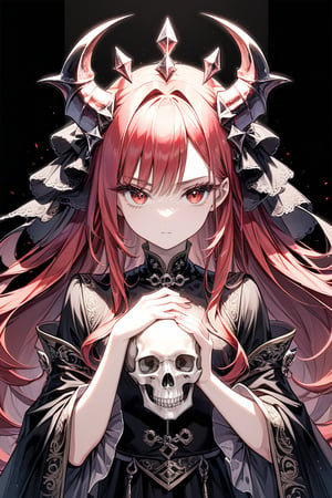 1girl, solo, looking at the audience, serious face, long red hair, red eyes with long and dense eyelashes (very bright and crystal clear), holding skull, character name, Chinese text, hell, devil, black background, dark theme