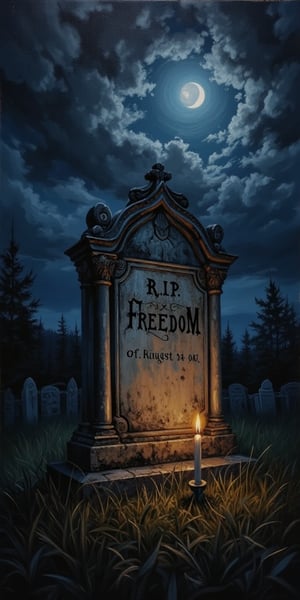 A haunting oil painting portrait of a tombstone, set against a dark and ominous sky with crescent moon shining bright. The weathered stone bears the epitaph 'R.I.P. FREEDOM' in faded script. A lone candle flickers at the base, casting eerie shadows on the surrounding grass. The composition is centered around the tombstone, with the background blending seamlessly into the dark atmosphere.