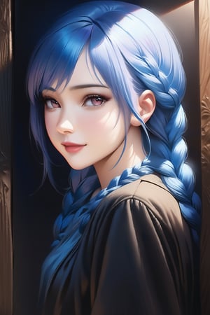 (masterpiece), best quality, high resolution, extremely detailed, detailed background, dynamic lighting, realistic, photorealistic, (half body), reah, 1 girl, hands behind back, gentle smile, realistic, long blue hair, braid, facing viewer, Colors, simplecats,Charcoal drawing, black pencil drawing, 