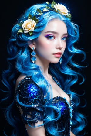 masterpiece, high quality realistic, fantacy-world art, aesthetic photo, pore and detailed, intricate detailed, graceful and beautiful textures, RAW photo, 16K, (head to waist portrait), side view, look at camera, black simple background, Fusion with blue crystal, captivating young girl, beautiful face, detailed crystal eyes, light blue medium wavy hair, blue rose hair ornament, dress,