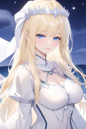 Beautiful girl, Calca Bessarez (Overlord), long hairstyle, blonde hair, blue eyes, tiara, princess, white dress, masterpiece quality, night_sky , beautiful face, calm face, looking at viewer, upper body, Anime Style., highly detailed, 1girl, white tiara, medium breasts, blunt bangs, portrait, sharpness