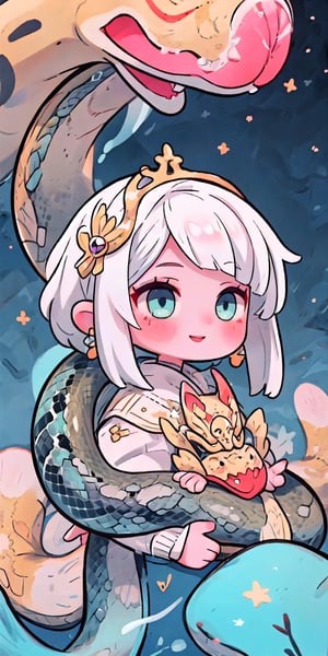 masterpiece, anime style, chibi style, cute, highly detailed, hd, mystical, mistic, elegant, monster girl, solo, medusa, headdress, ((snake hair)), white hair, gentle smile, jewelry, hair ornament, gem, lips, from_side, looking_away, feather_hair_ornament , glitter particles background, bokeh, masterpiece, best quality, 16k, ultra-detailed, finely detailed, high resolution, perfect dynamic composition, detailed eyes, cinematic lighting, detailed background, depth of fields, perfect proportion, hyperdetailing skin, clear skin, harmonious composition, More Detail, Giant snake, fluxsnakequeen, simplecats