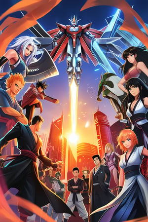 A dynamic, high-energy scene featuring a cluster of iconic logos from various anime series. Highly detailed face. In the foreground, multiple characters from popular shows such as Dragon Ball Z, Naruto, and One Piece gather around a gleaming, futuristic cityscape. The logos are arranged in a circular pattern, with each logo glowing softly to represent its significance. Epic music plays in the background as the characters strike powerful poses, emphasizing their unique personalities. The anime-inspired color palette features vibrant hues like orange, blue, and red.