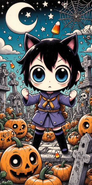 A bewitching Halloween scene unfolds in this manga panel: a tiny, spirited heroine stands defiantly amidst a graveyard of pumpkins and tombstones, her bright blue eyes aglow with determination. A crescent moon casts an eerie glow above, while candy corn and spider webs adorn the dark, mystical atmosphere.