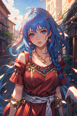 (masterpiece), best quality, high resolution, extremely detailed, detailed background, dynamic lighting, realistic, photorealistic, princess, reah, 1 girl, hands behind back, realistic, long blue hair, braid, facing viewer, 