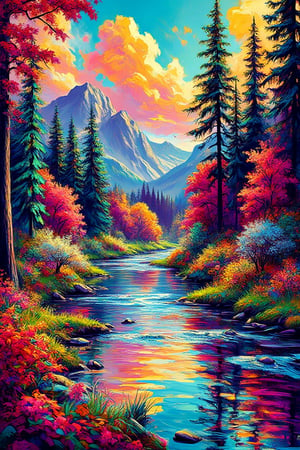 Capturing the vibrant energy of the forest. The scene is rendered in bright, contrasting colors with sharp, hard edges, featuring stylized plant and tree, bold outlines, and flat, graphic shapes. The waterways and trees are simplified into vibrant blocks of color, and the sky is filled with bold, stenciled clouds. The reflections in the water are presented in crisp, vibrant patterns that mimic commercial printing techniques. The overall composition is dynamic and eye-catching, blending popular culture and mass media influences with a striking, modern interpretation of a classic view."