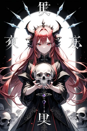 1girl, solo, looking at the audience, serious face, long red hair, red eyes with long and dense eyelashes (very bright and crystal clear), holding skull, character name, Chinese text, hell, devil, black background, dark theme