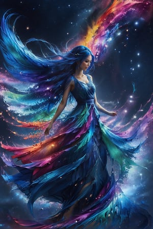 anime girl, masterpiece, high quality realistic, realistic aesthetic photo, sharp forcus, vibrant colors, galaxy of background, (full body shot), rainbow-color, elegance, passion, fairy, beautiful girl, long blue hair, long dress, wind, dancing, DonMF41ryW1ng5XL,ink,DonMM1y4XL