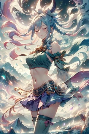 Masterpiece, high detailed, high resolution, 8K, majestic, 1girl, half body, beautiful face, calming face, calm, mishera, closed eyes, braid, hair ornament, hair ribbon, crop top, purple skirt, detached sleeves, green thighhighs, flowing air, mountain background, holding wand,ElementWind