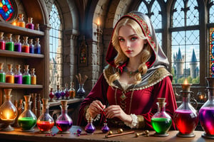 Photorealistic, Award Winning, Ultra Realistic, 8k, of a 25 years old good sweet girl preparing potions in her study. She has blonde hair and wears a medieval red dress with hood and tippet, richly silver embroidered. Medieval atmosphere. On background we see colourful stained glasses window lighting an old castle room, (many bright colored potion ampoules:1.4) on the shelves. Masterpiece, ultra highly detailed, Dynamic Poses, Alluring, Amazing, Excellent, Detailed Face, Beautiful Symmetric Eyes, Heavenly, Very Refined, dark golden light,digital painting,crystalz,Decora_SWstyle,art_booster