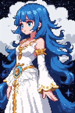 SelectiveColorStyle, light colors, Pixel art of a majestic goddess. Starry clouds background, Best quality, score_9, vivid colors, anime style, elegant, highly detailed, masterpiece, HD, reah, long blue hair, blue eyes, white dress,pixel art,pixelated