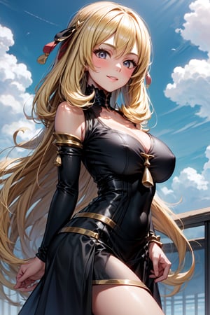 masterpiece, best quality, cynthia, blonde hair, angelic, black dress, looking at viewer, gentle smile, clouds, blue sky, looking at viewer, surprised,1 girl, Enhance, best body posture, best breast, sexy, elegant, Extremely Realistic