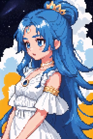 SelectiveColorStyle, light colors, Pixel art of a majestic goddess. Starry clouds background, Best quality, score_9, vivid colors, anime style, elegant, highly detailed, masterpiece, HD, reah, long blue hair, blue eyes, white dress,pixel art,pixelated