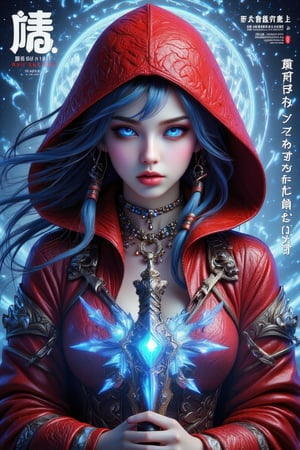 Masterpiece, highly detailed, best quality, 1girl, realistic style, flowing hair, blue hair, ahoge, hair accessories, majestic, holding sword, elegant, very aesthetic, blue glowing eyes, beautiful detailed eyes, navel, wear red hooded cape, long sleeves, serious face, looking at viewer, standing, dynamic pose, vivid colours, magazine cover with colourful background, magazine cover, Title with text read as "FANTASY",Text, Crystal Sword,Midjourney_Whisper