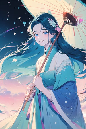 magical girl, blue hair, blue eyes, lolita dress, short dress, long hair, pale skin, soft skin, colorful snow background, rainbow, hearts, snow, snowing, ice, pastel, sun, crystals, gentle smile, looking_at_viewer, (masterpiece, best quality:1.2), fluffy, soft, light, bright, sparkles, twinkle, slightly downcast eyes, cute, pink, blue, Enhance, clouds,masterpiece, fullbody,china art