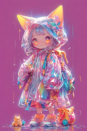 A whimsical masterpiece of a kawaii scene: a petite, big-eyed girl with adorable cat ears and a sweet smile, many cat around her, dressed in a cozy outfit, sits on the floor amidst a colorful array of scattered items from her overflowing ransel bag, as if she's about to start an adventure.,ExStyle