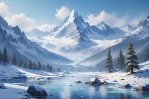 Realistic impressionist painting of a beautiful icy mountain landscape, High detail, impressionist style, realistic lighting, artstation, cinematic, 8k resolution, masterpiece, trending on ArtStation.,2d game scene