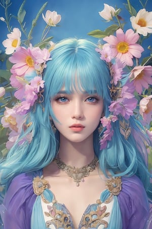 A captivating digital art portrait of a young woman surrounded by a vibrant array of flowers. Her wavy, light blue hair with emo frames her face, blending seamlessly with the floral elements around her. The flowers, in shades of orange, blue, and white, create a striking contrast against her beautiful skin. She gazes directly at the viewer with an intense, almost ethereal expression. The intricate details of the petals and leaves intertwine with her hair, giving the impression that she is one with nature. The overall composition is both delicate and dramatic, evoking a sense of mystery and enchantment.