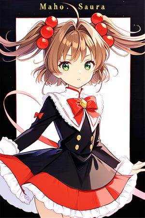 1girl, solo, looking at the audience, model pose, serious face, eyes with long and dense eyelashes (very bright and crystal clear), character name, text, Cardcaptor Sakura, antenna hair, brown hair, short hair, twintails, green eyes, hair bobbles, Mahou Shoujo uniform, black costume, zdyna_pose