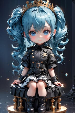 ((1 woman)), petite girl, full body, chibi, 3D figure girl, long blue hair, pony hair with emo, solo, 1girl, blue eyes, smirk, looking at viewer, sitting, crossed legs, throne, twintails, hair ornament, white dress, short sleeves, black thighhighs, reflection, high resolution CG Unity 8K wallpaper, detailed background, masterpiece, (photorealistic) : 1.2), random angle, ((black trench dress, : 1.4)), side angle, chibi, full body, mikdef,style_brush