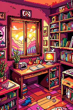 A pixel art scene of a bedroom with large windows overlooking the garden, bathed in warm pink and orange hues during sunset. The room is filled with various painting supplies and canvases on 
shelves, while a Cat sits at their desk surrounded by books and sketches, adding to the cozy atmosphere. In the background, you can see exotis garden outside, adding depth to the scene.,pixel art style