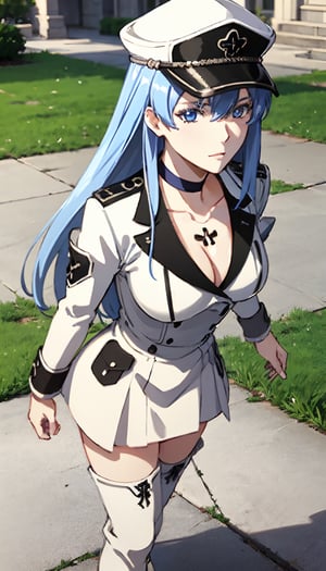 masterpiece, high_resolution, ultra realistic, outdoors, (hair ornament), reah, long blue hair, looking at viewer, perfect face, see through top, facing viewer, photorealistic, blue glows, sexy, 4K, 8k HD, high quality, portrait, boots, choker, cleavage, collarbone, hat, ice, military, military uniform, peaked cap, thigh boots, thighhighs, uniform, bracelet, portrait art, esdeath,perfect light