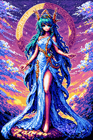 SelectiveColorStyle, Pixel art of a majestic goddess. Starry clouds background, Best quality, score_9, vivid colors, anime style, elegant, highly detailed, masterpiece, HD