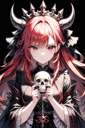 1girl, solo, looking at the audience, serious face, long red hair, red eyes with long and dense eyelashes (very bright and crystal clear), holding skull, character name, Chinese text, hell, devil, black background, dark theme