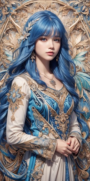 (masterpiece, top quality, best, official art, beautiful and aesthetic:1.2),1girl, (pop art:1.4), (zentangle, flower effects:1.2), (art nouveau:1.1), angelreah, blue hair, angel wings, white dress, detached sleeves, necklace, gentle smile, happy, portrait, pony hair, angel_wings, straight-on, batik, indonesia