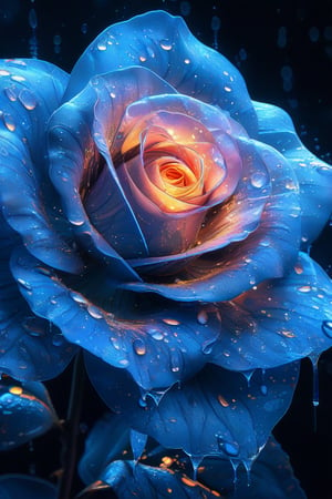 masterpiece, 8k, HDR, best quality, (highly detailed skin), photography, analog style, real life, extremely beautiful, (highly detailed, intricately detailed), (alluring eyes), depiction of a blue bioluminescent flower with bright, sharp, staring eyes, rose's petals attached to water droplets, mimics the texture seen in sculptural artwork, delicate combination of oil and marker lines on cracked epoxy glass, ultra-fine illumination, highly stylized and dramatic, (3D) image,Glowing Flower