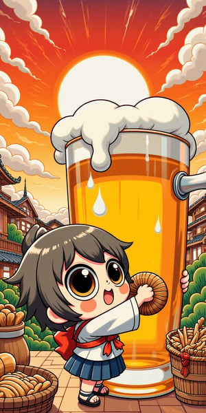 A stunning anime masterpiece featuring a petite, cute chibi determined protagonist. Against the vibrant backdrop of a breathtaking niji (Japanese sunset), the heroine struggles to grasp a gigantic beer glass. Her tiny hands wrap delicately around the rim as she exerts maximum effort, her facial expression a perfect blend of cuteness and determination. The artwork boasts intricate details, ultra-high definition, and kawaiicolors that pop with texture, inviting the viewer to step into this whimsical world, oil painting, Pixel Art,ZanyEyesStyle