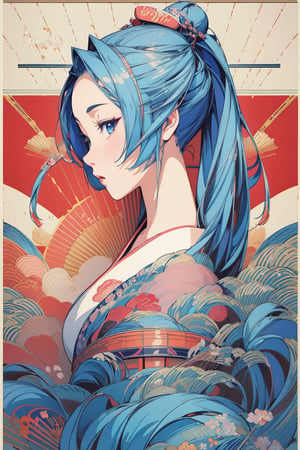 very clear and precise images, 1girl, kimono, very beautiful and excellent, arms at sides, (Japanese style), (art poster:1.4), (artistic background:1.4), (illustration:1.4), (masterpiece:1.3), ((top quality, 8k, ultra-detailed)), perfect anatomy, looking at viewer, long blue hair, blue eyes, caligraph